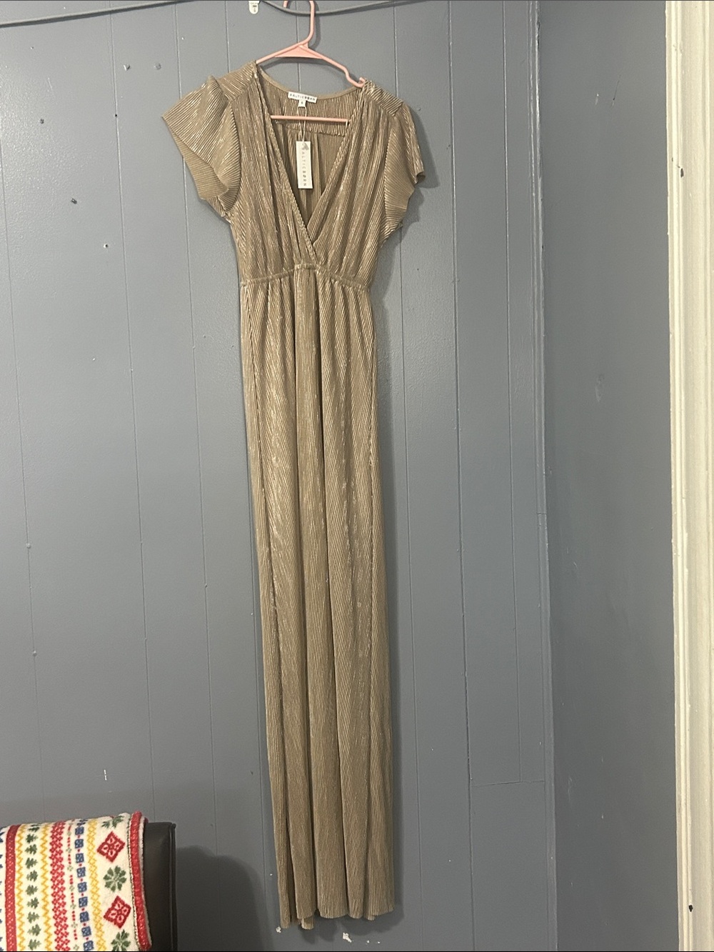 Baltic Born Shimmery Taupe Pleated V-Neck Maxi Dress